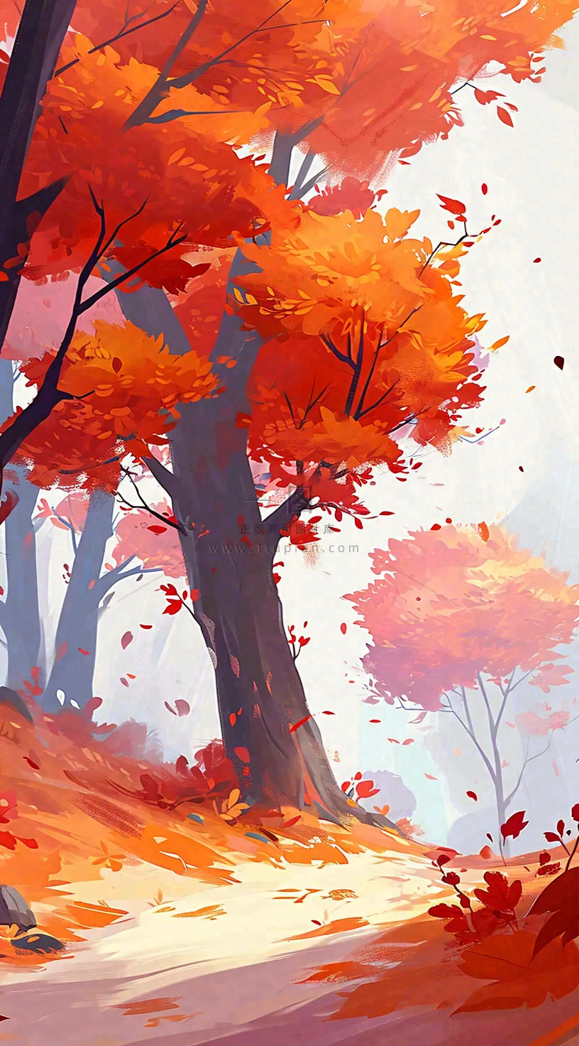 秋天红色秋叶树落叶温馨自然风景,立秋手绘插画
