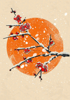 冬天梅花红圆形背景纸张纹理古风国风节日小年插画背景