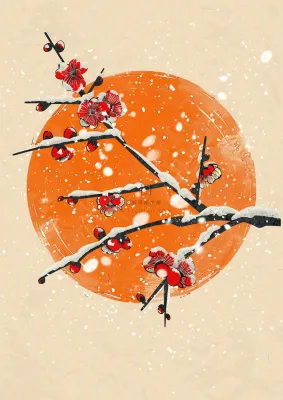 冬天梅花红圆形背景纸张纹理古风国风节日小年插画背景 冬天梅花红圆形背景纸张纹理古风国风节日小年插画背景