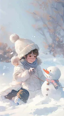冬季白雪地堆雪人的小女孩可爱唯美大雪小雪冬至卡通插画背景