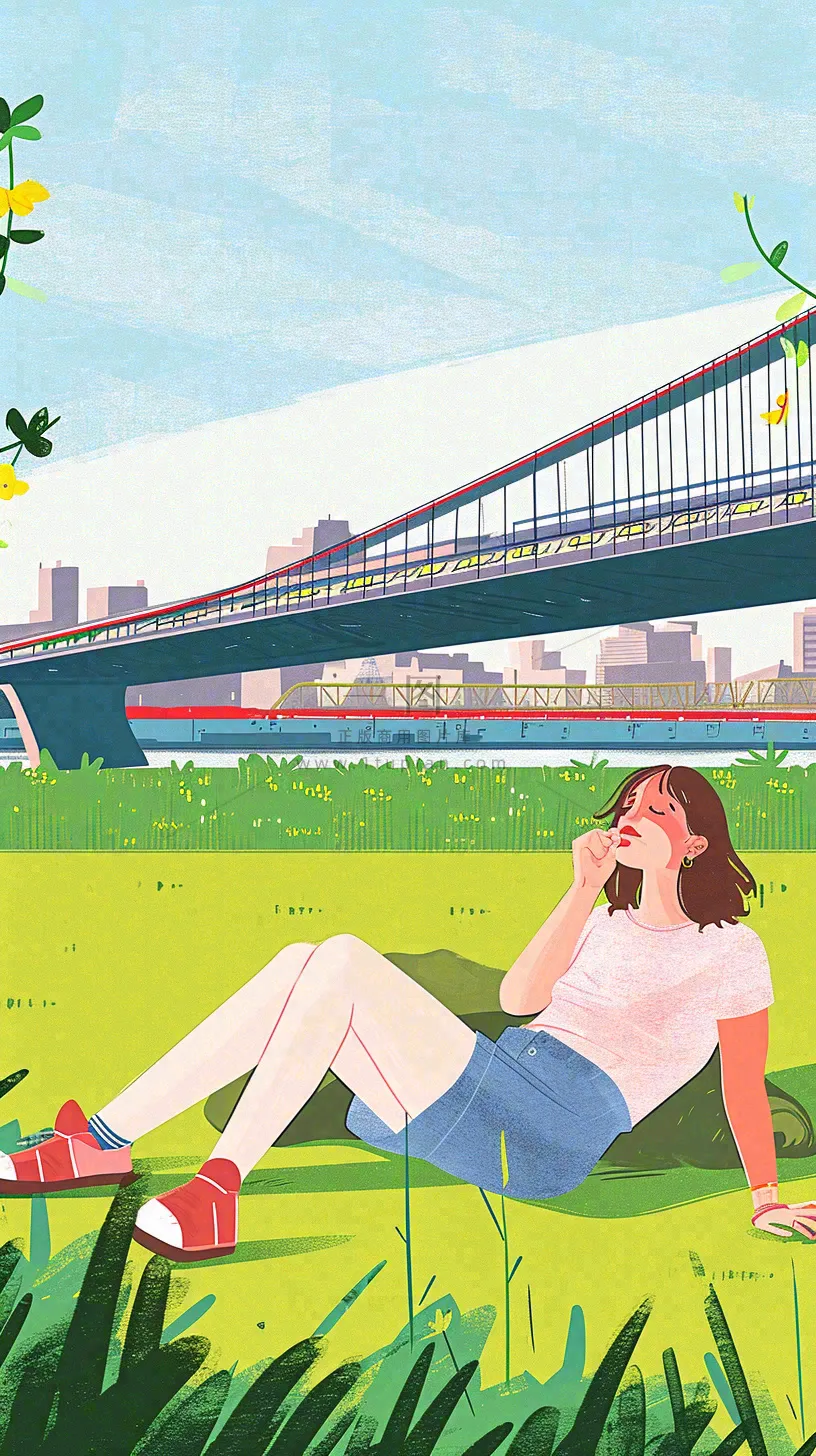 城市阳光蓝天白云人物在草地风景手绘插画，休闲