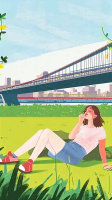 城市阳光蓝天白云人物在草地风景手绘插画,休闲 城市阳光蓝天白云人物在草地风景手绘插画,休闲