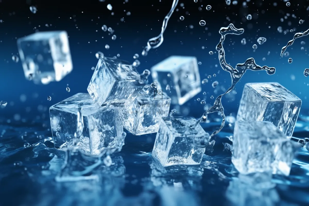 冰块掉落在水面上溅起水珠摄影图