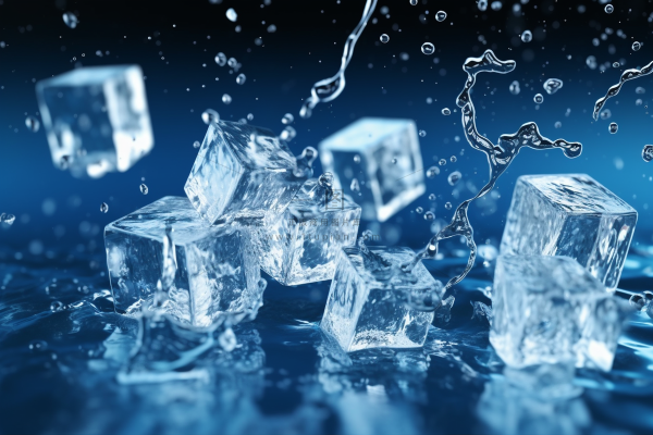 冰块掉落在水面上溅起水珠摄影图