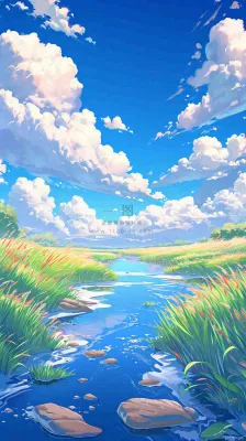 蓝天白云草地溪流春天阳光灿烂的日子春分春风，插画手绘