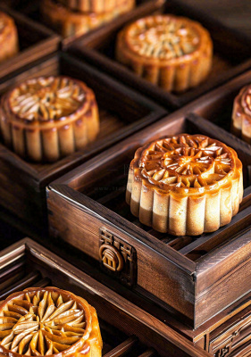 中国传统美食月饼中秋木质礼盒精美礼品摄影图