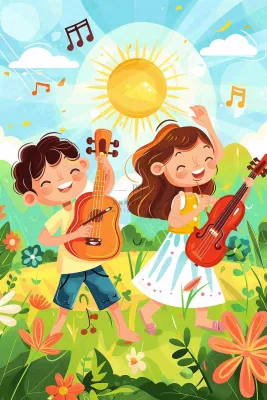 夏日音乐会乐器弹唱儿童草坪欢乐儿童节夏至卡通插画背景