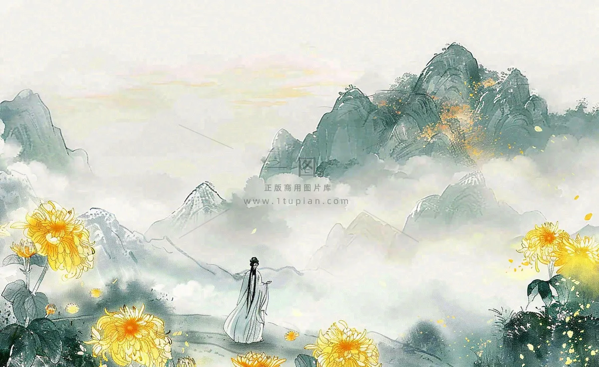 秋天古风水墨画山川菊花古风人物清明节重阳节插画背景