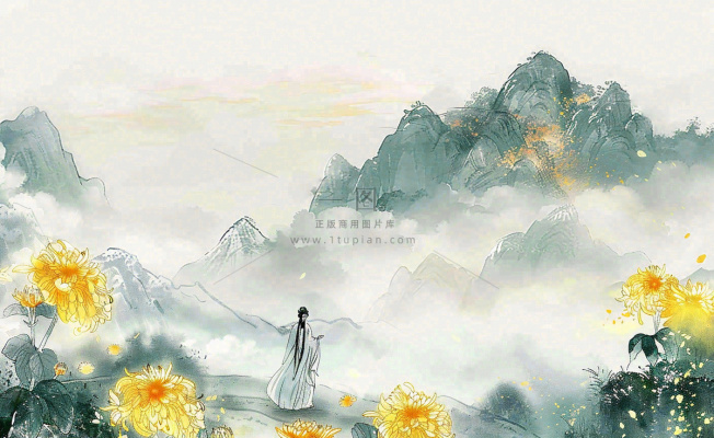 秋天古风水墨画山川菊花古风人物清明节重阳节插画背景 秋天古风水墨画山川菊花古风人物清明节重阳节插画背景