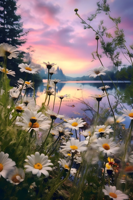 小雏菊路边落日晚霞背景