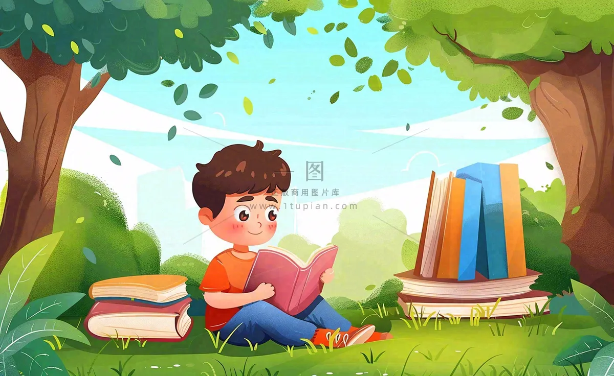 大自然阅读书本知识大树草坪世界读书日卡通插画背景