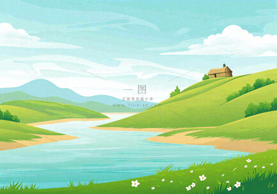 春日旅行草坪草丛花朵河流小溪野外郊游插画，春分