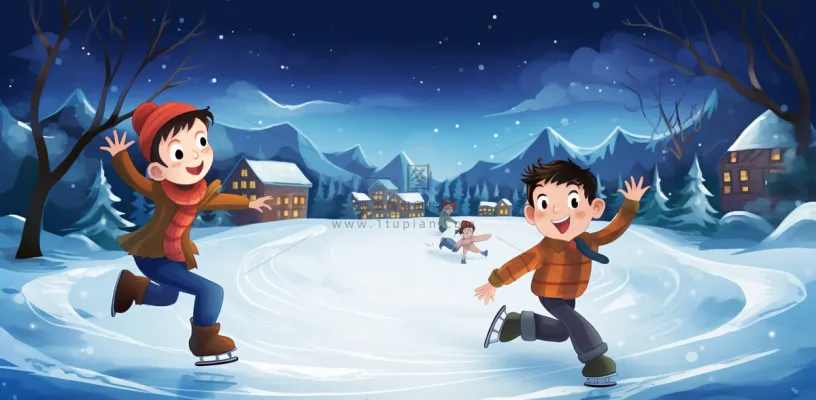 冬季在冰湖上滑冰的孩子儿童卡通插画背景 冬季在冰湖上滑冰的孩子儿童卡通插画背景