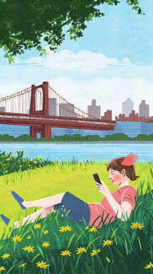 城市阳光蓝天白云人物在草地风景手绘插画,休闲 城市阳光蓝天白云人物在草地风景手绘插画,休闲