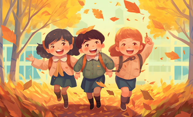 孩子们放学回家落叶欢乐卡通插画背景