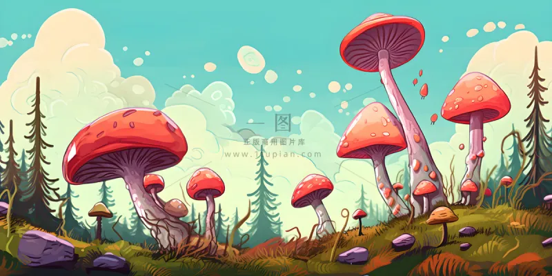 春天草丛蘑菇森林手绘插画海报素材背景 春天草丛蘑菇森林手绘插画海报素材背景