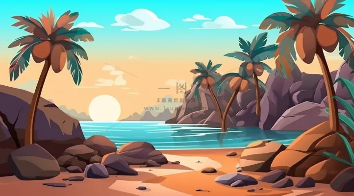 夏日海滩椰子树海浪卡通插画背景