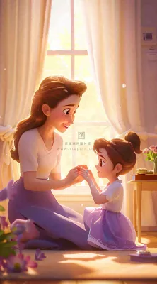 母亲节妈妈亲情抱着孩子鲜花光辉插画背景 母亲节妈妈亲情抱着孩子鲜花光辉插画背景