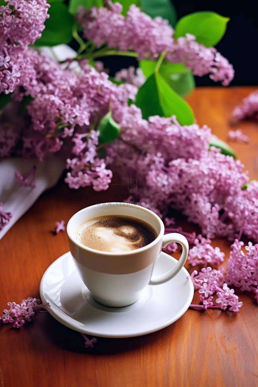紫粉色鲜花书桌咖啡杯下午茶摄影图 