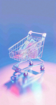 彩色奇幻渐变蓝紫粉色购物车手推车3D