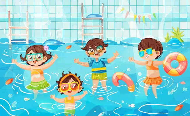 蓝色儿童夏天游泳池插画卡通夏日立夏夏至大暑小暑游泳插画背景 蓝色儿童夏天游泳池插画卡通夏日立夏夏至大暑小暑游泳插画背景