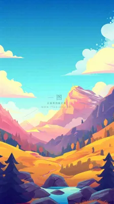 落日山脉河流小溪扁平手绘插画,旅行游玩登山郊游 落日山脉河流小溪扁平手绘插画,旅行游玩登山郊游