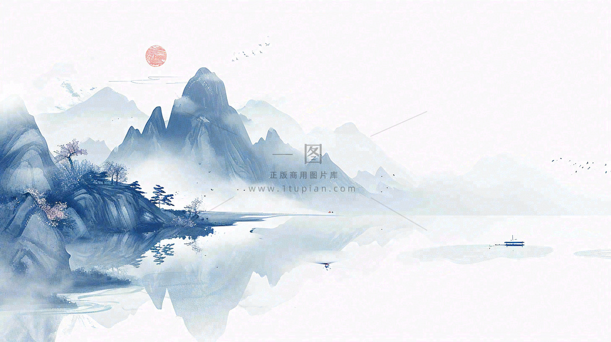 山水画简约白色河面插画手绘,中国风古风
