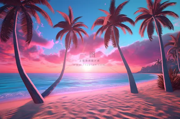 热带海滩沙滩上有棕榈树#风格热带象征主义宁静的海景插画背景