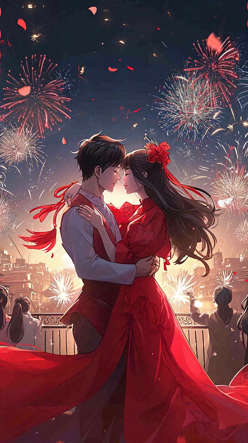烟花中情侣在情人节的夜晚里拥抱亲吻，红色爱心气球爱情甜蜜