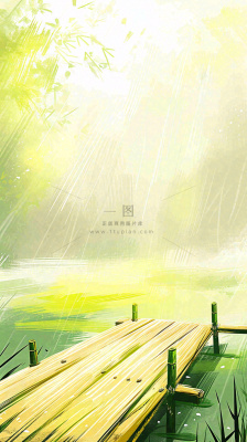 夏日森林丛林阳光绿色河面草丛树木手绘插画，夏至小暑大暑