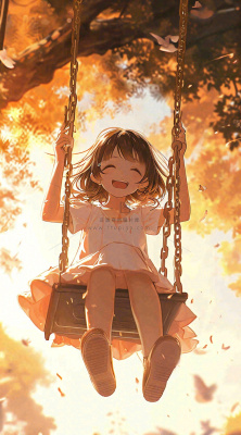 秋天秋叶少女儿童荡秋千玩耍,可爱手绘插画 秋天秋叶少女儿童荡秋千玩耍,可爱手绘插画