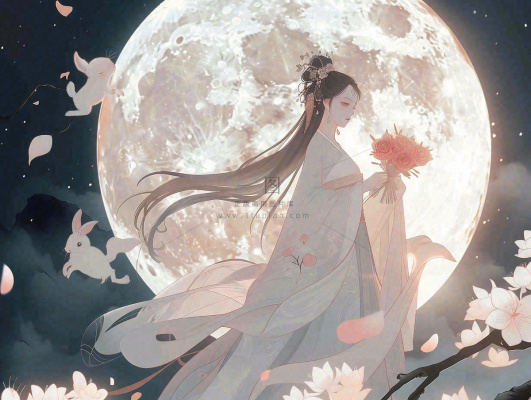 中秋节嫦娥玉兔月下嫦娥插图卡通唯美手绘古风插画背景