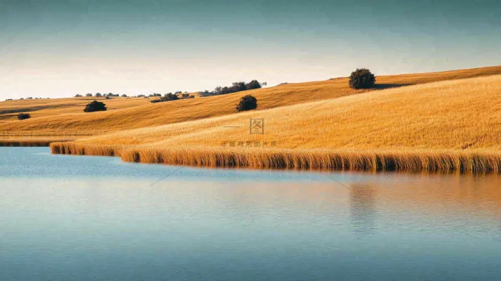 秋天枯黄的草原湖泊大自然风光摄影图