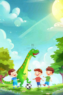 儿童和恐龙一起踢球玩耍创意童话儿童节卡通插画背景 儿童和恐龙一起踢球玩耍创意童话儿童节卡通插画背景