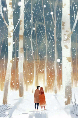 冬天森林里的情侣相拥赏雪白桦树白雪立冬小雪冬至卡通插画背景