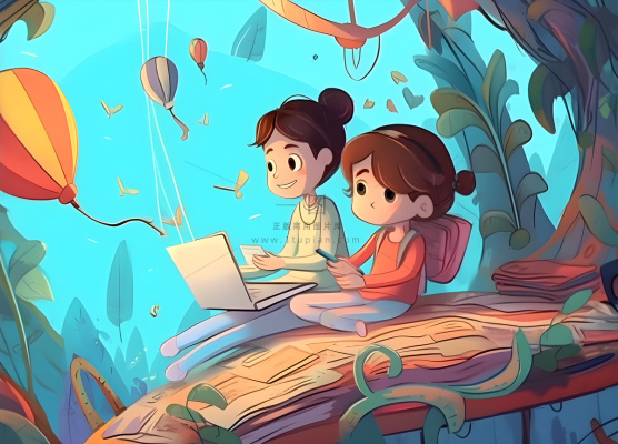 儿童放假写作业天空热气球卡通背景