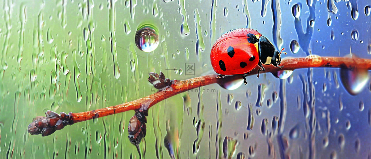 雨天雨水水珠上七星瓢虫动物爬行，彩色渐变摄影图