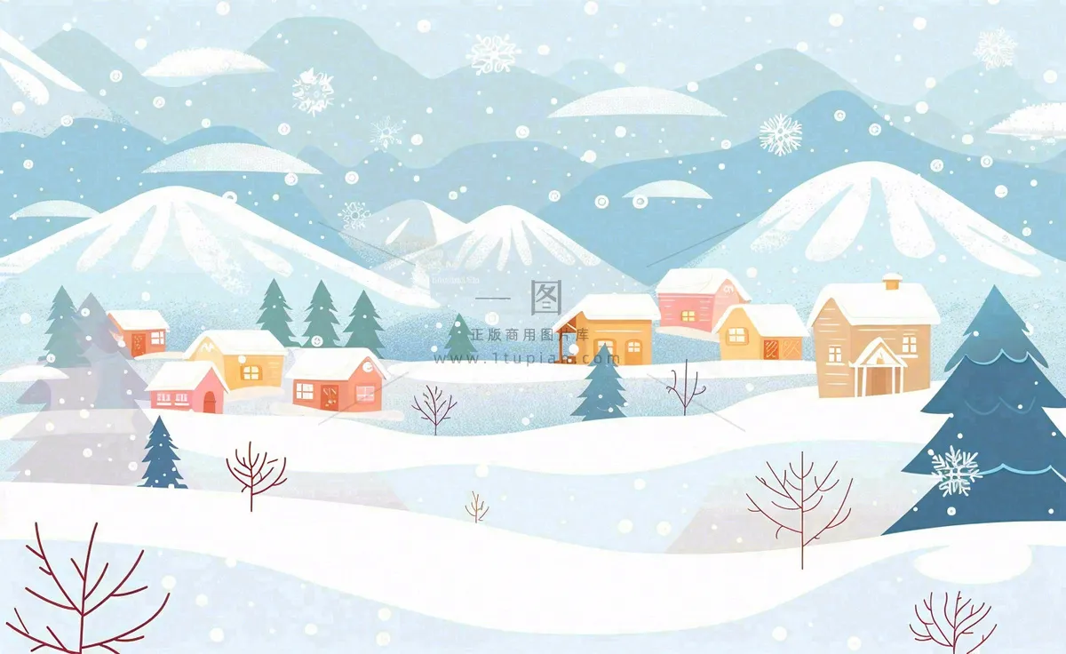 立冬冬至雪山森林山脚下的小镇白雪卡通插画背景