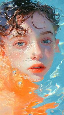 阳光泳池游泳人物男女，金鱼水面海上，反光色彩摄影图