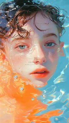 阳光泳池游泳人物男女，金鱼水面海上，反光色彩摄影图