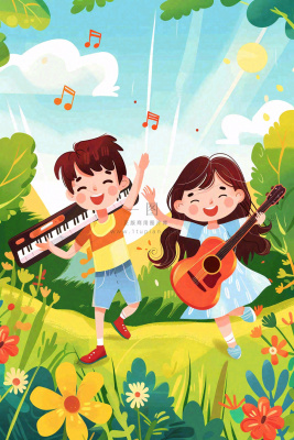 夏日音乐会乐器弹唱儿童草坪欢乐儿童节夏至卡通插画背景