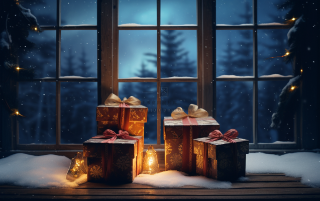 圣诞装饰喜庆礼物红色窗外下雪摄影图