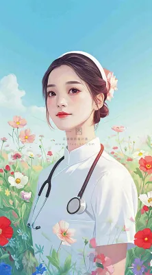 简约天空花草温馨护士医生枝叶插画 简约天空花草温馨护士医生枝叶插画