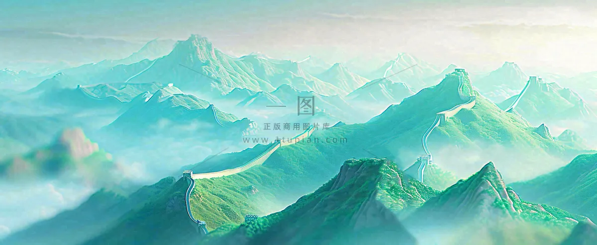 崇山峻岭高山白云中国风插画长城风景