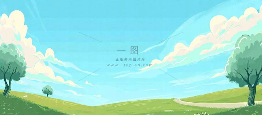 蓝天白云绿植草坪，小草树木清新，春天夏天阳光