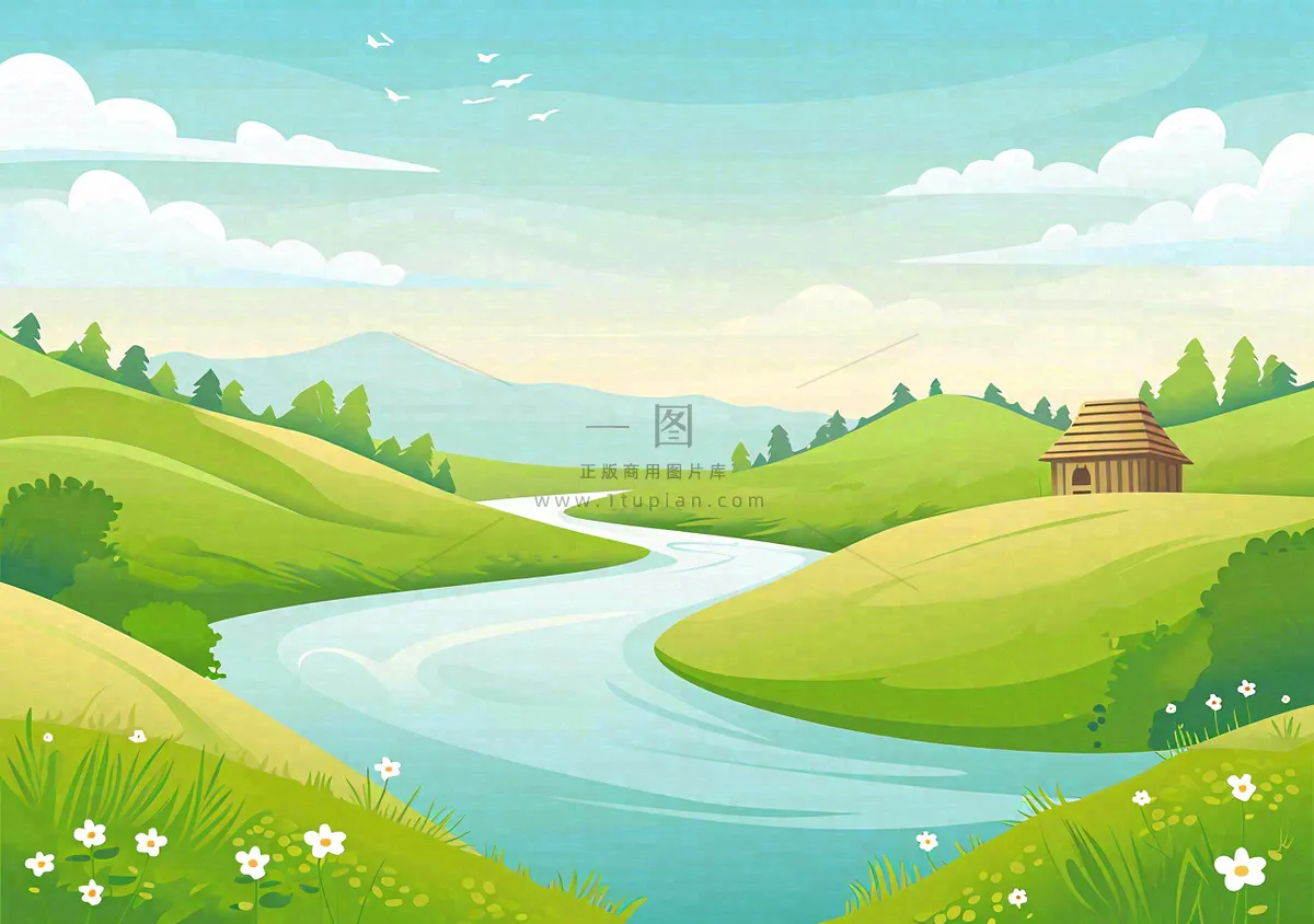 春日旅行草坪草丛花朵河流小溪野外郊游插画,春分