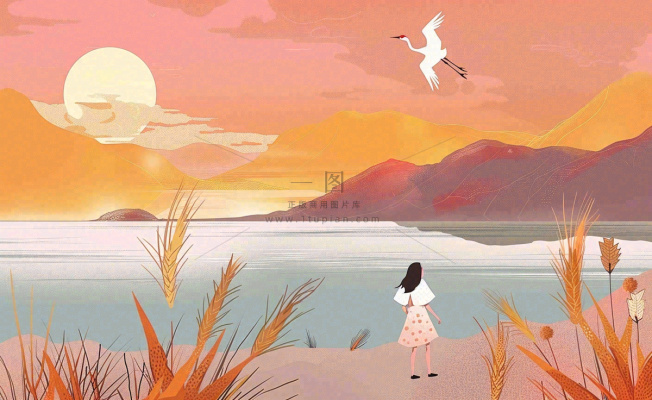秋天夕阳下山水飞鹤女孩芦苇白露寒露插画背景