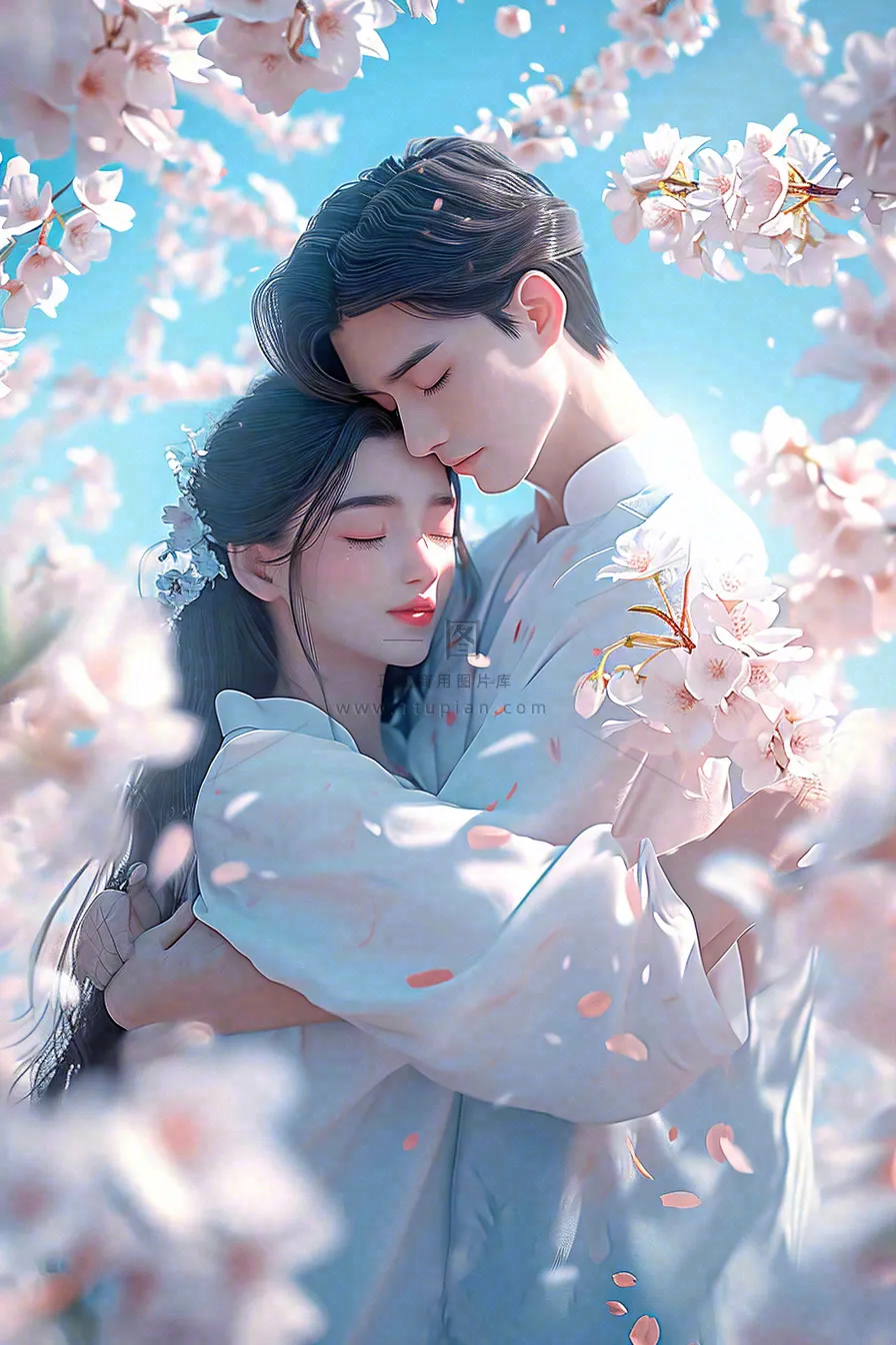 爱情情侣拥抱情人节浪漫粉色花朵,蓝天白云