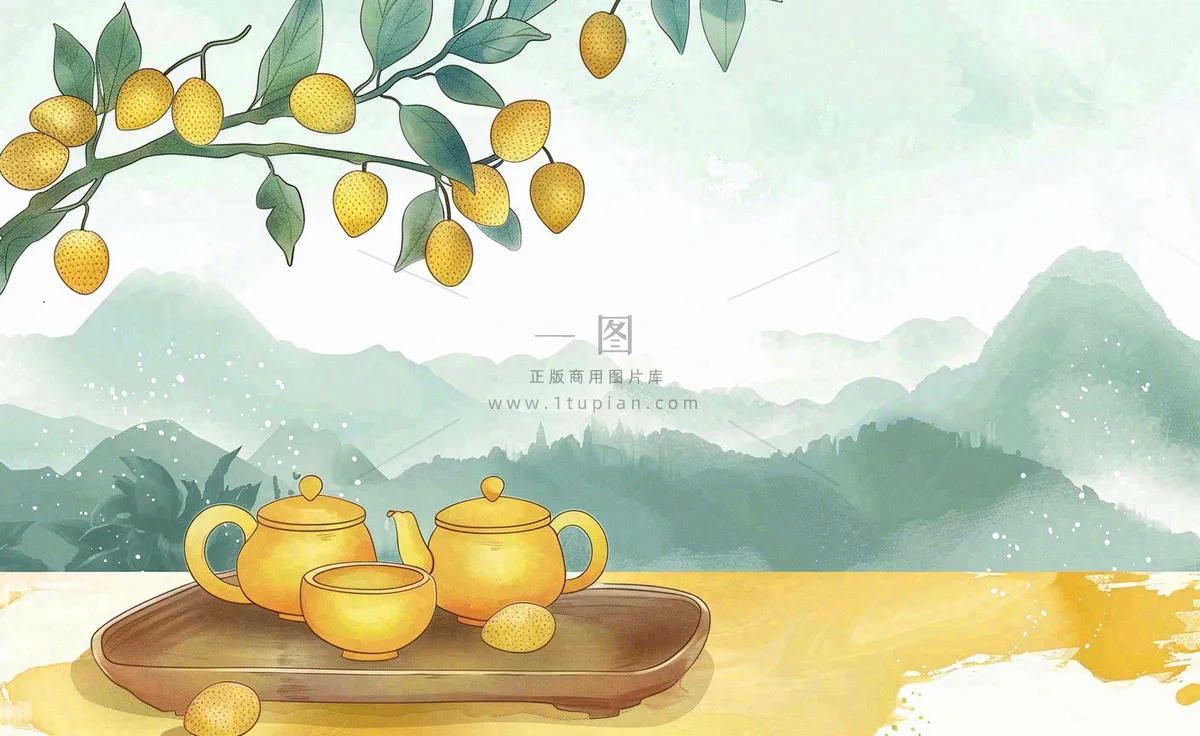 秋天果树杏树下茶壶饮茶卡通插画立秋秋分背景