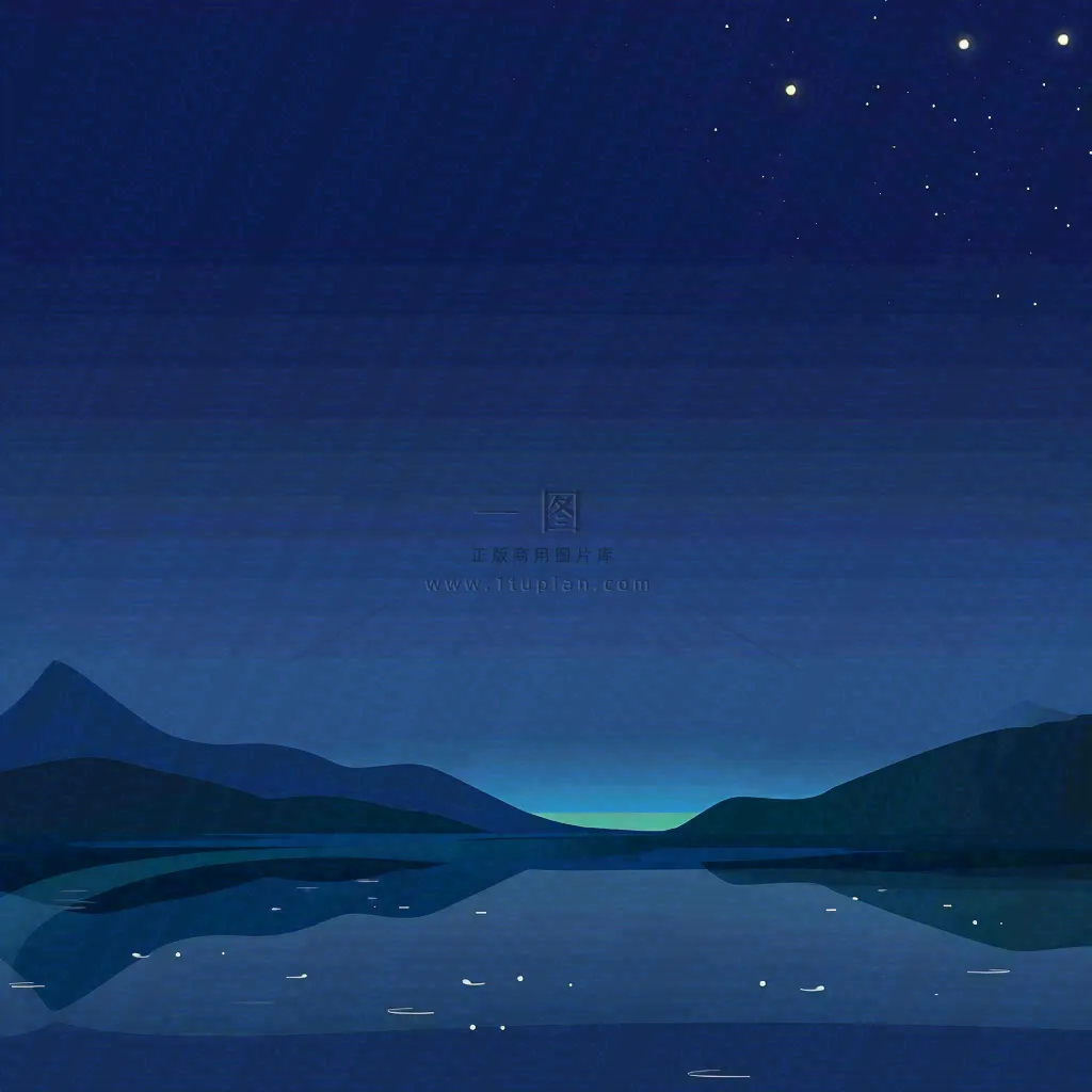 夜晚河面星空月亮唯美夜景扁平插画手绘